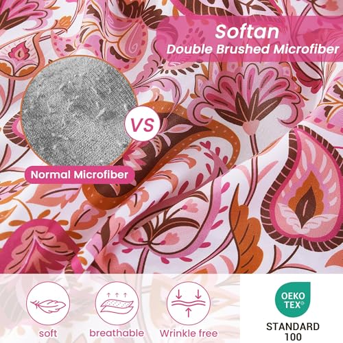 Image of Softan Pink Paisley Floral Twin Sheet Set, 3-Piece Cozy Boho Microfiber Printed Fitted Bed Sheet with 15 inch Deep Pockets & Non-Slip Straps, Kids Girls Patterned Sheets & Pillowcase Set