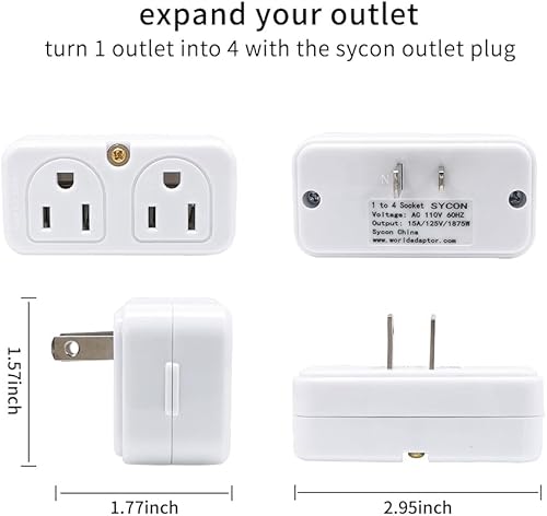 Miniatura 3 de SYCON Extensor de salida adaptador, mini enchufe de pared de 2 puntas, divisor de salida múltiple con 4 tomacorrientes