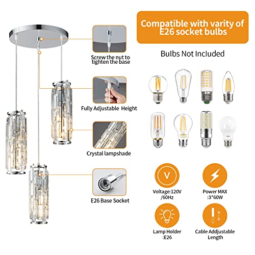 Image of LMQNINE 3 Light Chrome Pendant Lighting Modern Pendant Light, Mini Crystal Chandeliers,Adjustable Pendant Light Fixture for Kitchen Island Dinning Room Bedroom (Chrome 3-Light)
