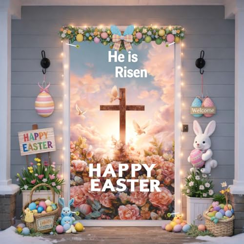 Image of Religious Easter Door Cover He is Risen Happy Easter Cross Door Banner Christian Easter Door Covers for Front Door Spring Easter Decorations 35x71 Inch