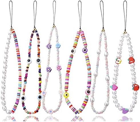 Taouzi Phone Charm Strap Beaded Phone Lanyard Wrist Strap Beaded Phone Charm Fruit Pearl Rainbow Color Beaded Phone Chain Strap Keychains for Car Keys Lanyard for Women Girls 6PCS