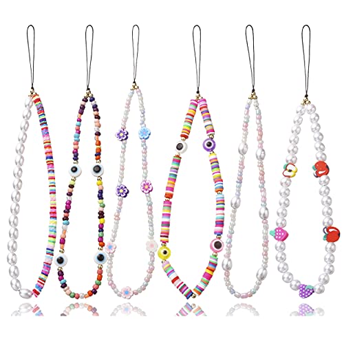 Taouzi Phone Charm Strap Beaded Phone Lanyard Wrist Strap Beaded Phone Charm Fruit Pearl Rainbow Color Beaded Phone Chain Strap Keychains For Car Keys Lanyard For Women Girls 6Pcs #TOP28