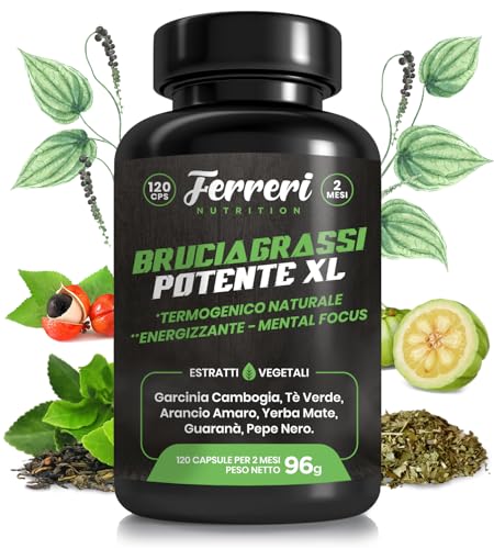 Brucia Grassi Potenti Veloci. Bruciagrassi Potente XL. 120 caps. Termogenico Naturale, Dimagrante, Mental Focus, Pre Workout. Garcinia Cambogia, Tè Verde, Arancio Amaro, Yerba Mate, Guaranà.