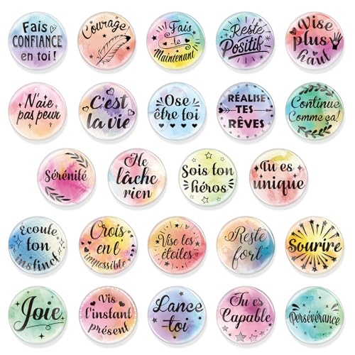 OOTSR Französische Kühlschrankmagnete, 24 Stück runde Aquarell-Motivationsmagnete mit inspirierenden Sprüchen für Whiteboard, Schließfach und Dekoration