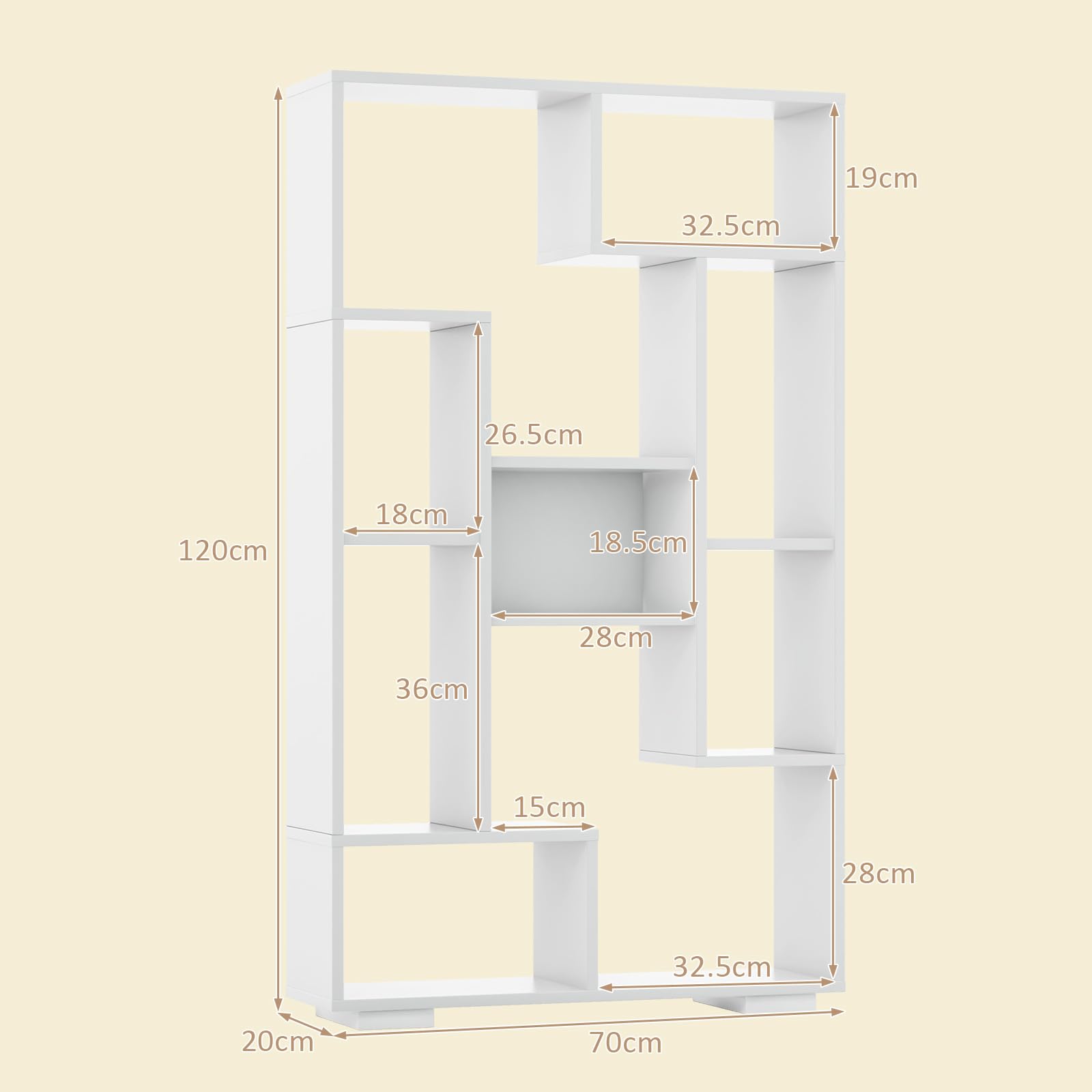 HOMASIS Bibliothèque Géométrique en Bois à 9 Compartiments,Cube avec Étagère Ouvertes,Étagère avec Protection Anti-Basculement, Meuble de Rangement pour Salon Bureau,70 x 20 x 120cm (Blanc)