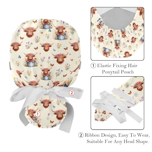 Image of 2 PCS Bouffant Cap with Button Ponytail Pouch Working Cap Sweatband Adjustable Surgical Cap Black and White Cow