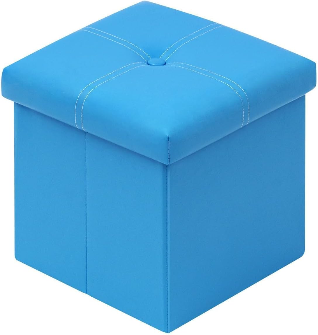 B FSOBEIIALEO Folding Storage Ottoman Cube, Faux Leather Footrest Seat Coffee Table, Blue 11.8"x11.8"x11.8"
