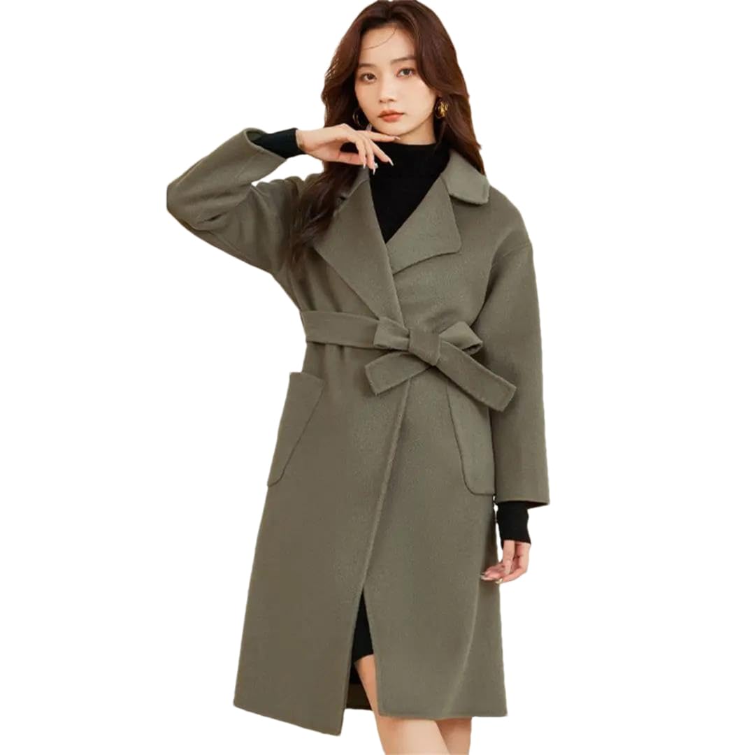 Hdhdeueh Abrigos largos de lana para mujer con cinturón, abrigo de lana sólida de doble cara, gabardina de invierno con solapa, EN8, S