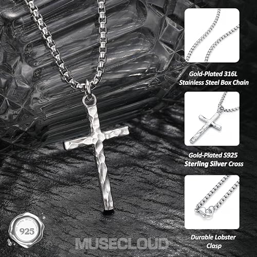 Image of 925 Sterling Silver Cross Necklace for Men Box /Cuban /Figaro Chain