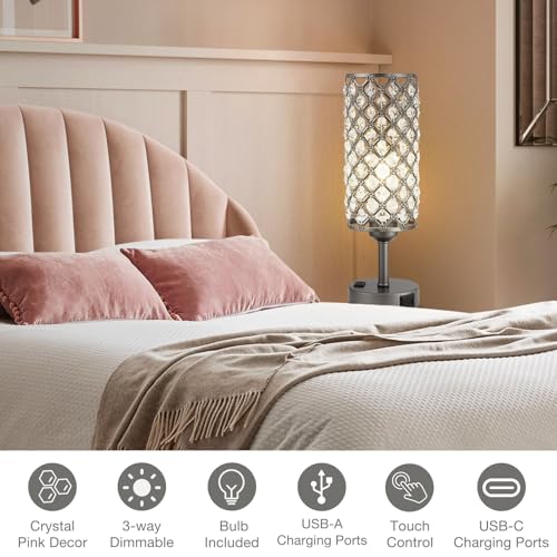 Image of Hong-in Gray Crystal Lamp Touch Control Set of 2, Crystal Table Lamps with USB C+A Ports & AC Outlet, 3-Way Dimmable Nightstand Touch Lamp, Modern Bedside Table Lamp for Bedroom(Bulbs Included)