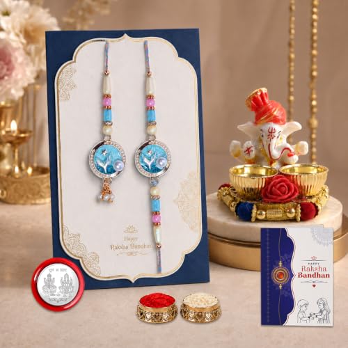 Image of Oblivion Designer Stylish Multicolor Lumba Rakhi Combo for Brother Bhaiya Bhai with Ganesha Thali, Roli Tikka, Silver Color Pooja Coin & Greeting Card | Raksha Bandhan Festival Gift Set | Pack of 5