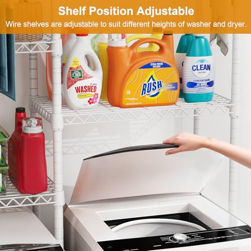 ULIFHOME U14 Over Washer and Dryer Storage Shelves, 4 Tiers Laundry Room Storage and Organizer System, Space Saving Clothes Drying Rack with 2 Clothes Hanger Rods, 66.5" W x 20.5" D x 77.4" H, White - Thumbnail 4
