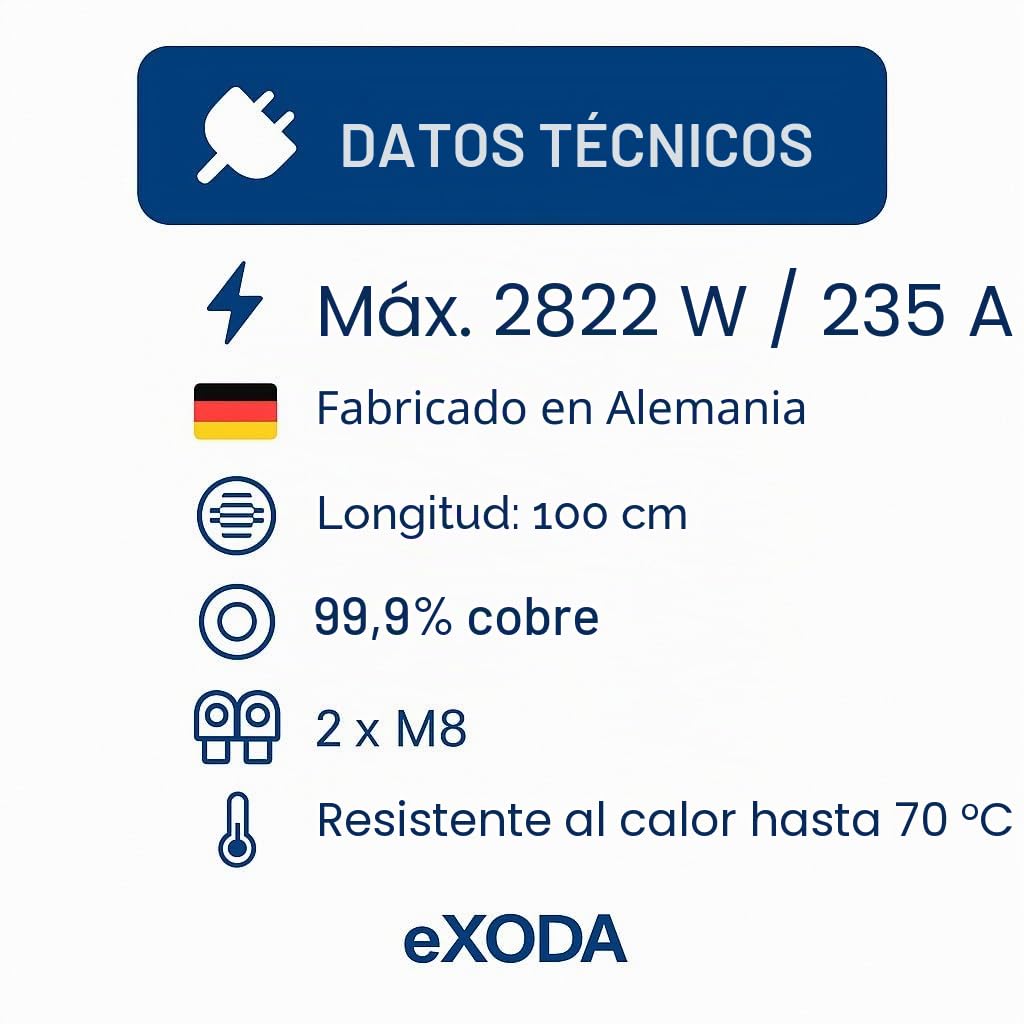 eXODA juego de cables de bateria 35mm² 100cm M8 rojo negro 235A 12V grabado | Cable de batería, 35 mm², 100 cm de longitud, 235A a 12V, resistente al calor hasta 70°C, orificio de tornillo M8, alta condu