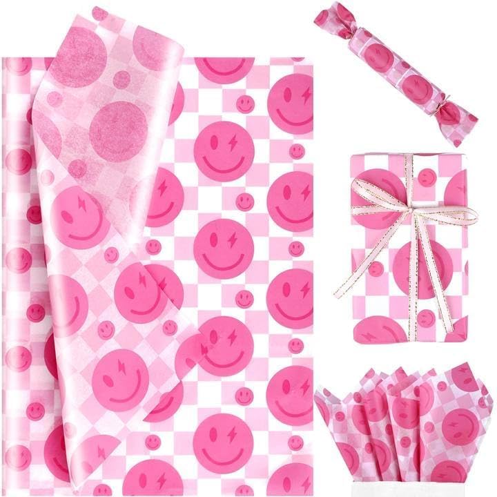 Miniatura 2 de 100 hojas de 20 x 14 papel de seda preparado, rosa intenso, cara sonriente, rosa y blanco, a cuadros, papel de seda Y2K para bolsas de regalo para