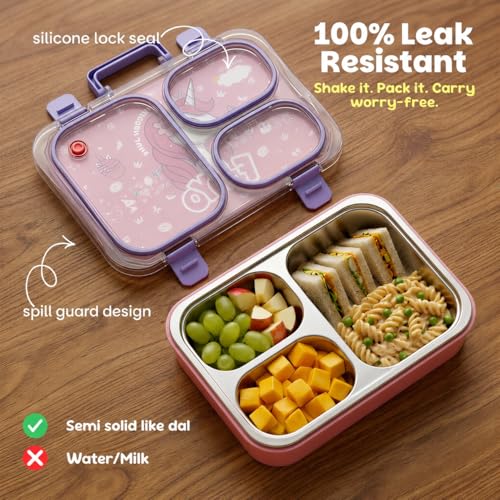 Image of Famyo Bento Lunch Box for Kids, June Unicorn | Leakproof, Stainless Steel, 3 Compartment, 4 Clip Lock & Secret Compartment, BPA Free