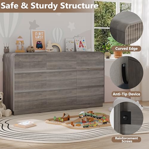 Image of BORNOON Dresser for Bedroom with 9 Drawers, Fluted Chest of Drawers with Round Curved Corner, Hidden Handles, Modern Wood Storage Organizer for Bedroom, Nursery, Living Room