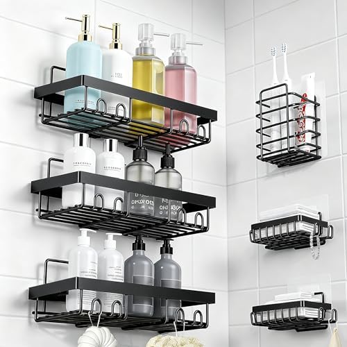 MIKEE Shower Caddy, 6-Pack Rustproof Shower Shelves with Large Capacity,No Drilling Bathroom Organizers and Storage, Complete with Soap Dish, Toothbrush Holder, and 16 Hooks for Home Decor