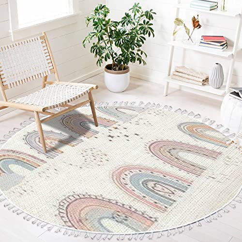 Dnewynpabv Round Boho Rug Scandinavian Cartoon Rainbows With Clouds Flowers And Stars In Pastel Area Linen Carpet Patio Hallway Runner Mat Pad Minimalist Home Decor For Living Room Outdoor, 3 Ft #TOP2
