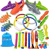 Hutato 34 Stück Pool Spielzeug Kinder Set - Torpedos Tauchringe Edelsteine Fisch Algen Schwimmspielzeug für 5 6 7 8 9-12 Jahren Jungen Mädchen Unterwasser Pool Spielzeug Tauchen