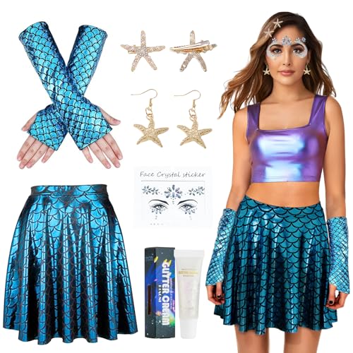Disfarce de sereia para menina, fantasia de sereia para mulher, saia, luvas de sereia, 2 ganchos para o cabelo de estrela do mar, um par de brincos e pedras preciosas para carnaval (M)