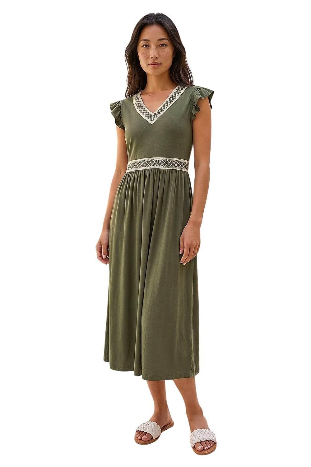 Roman Petite Crochet Trim Midi Dress for Women UK - Ladies Everyday Holiday Spring Summer V-Neckline Comfy Soft Evening Vacation Work Party - Petite Khaki - Size 16