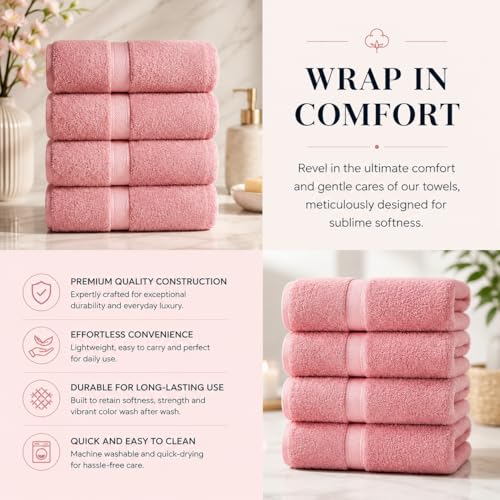 Image of Sulfar 100% Combed Cotton, Quick Drying Highly Absorbent, Luxury Hand Towel Set (Pack of 4, 40 X 70 cm) Basic Pink
