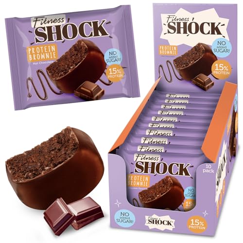 FitnesSHOCK Protein Brownie Snack ohne Zusatz von Zucker, Kekse mit 15% Eiweiß, Dunkle Schokolade, sättigende Ballaststoffe, low carb, weiche Konsistenz, 10 Stück х 50g - Schokolade Geschmack