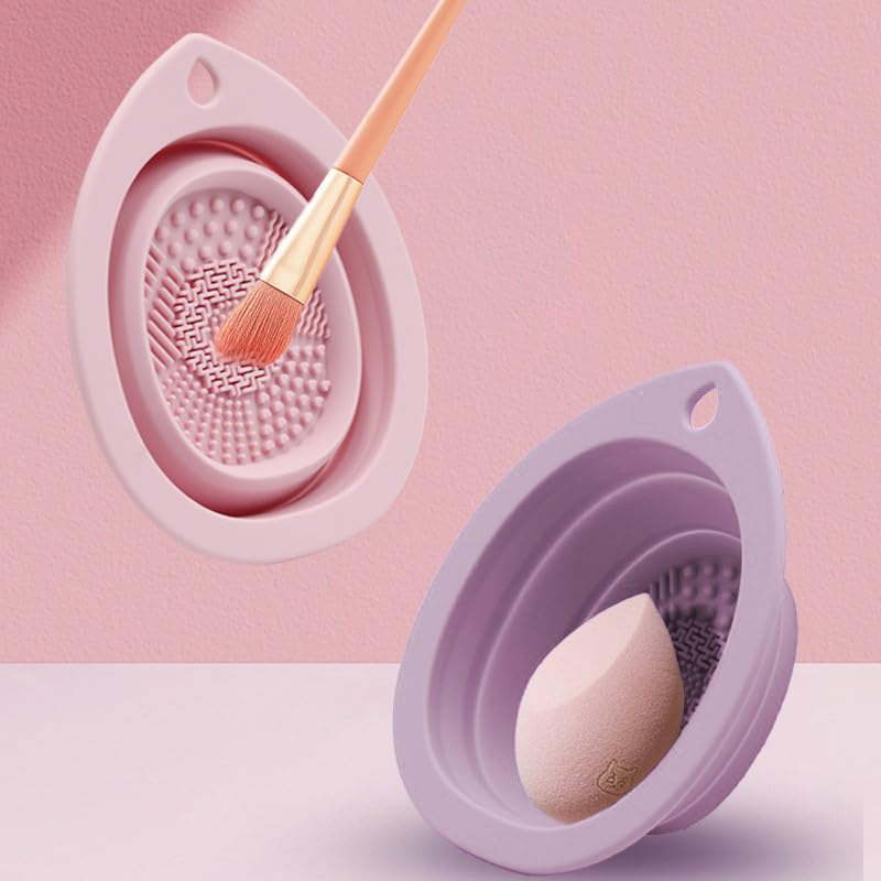 Two-in-one brush washing device, foldable silicone makeup bowl, silicone makeup brush bowl, suitable for makeup brushes, powder puffs and sponges, portable brush cleaning tool-Taro color