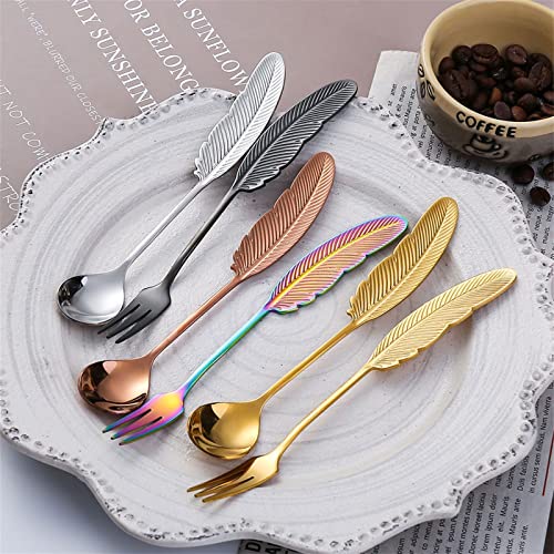 Dinner Spoon 4-Piece 304 Stainless Steel Spoon Fork Feather Shaped Spoon Coffee Mixing Spoon Fruit Fork Dessert Spoon Long-Handled Spoon (Color : B) (Brass)4