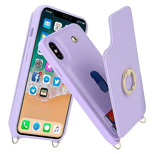 Image of for iPhone X /XS Case with Card Holder and Strap for Women,Crossbody Lanyard,Kickstand Ring Stand,Snap Clasp,Phone Wallet Cases 5.8 inch(Purple)