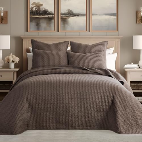 Levtex Home - Cross Stitch Cocoa Bedspread Set - King Quilted Bedspread and Two King Shams - Cross Stitch Pattern - Bedspread (120x104in.) and Shams (20x36in.) - Cotton