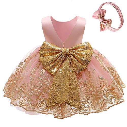 Image of 0-6T Big Bowknot Sequins Toddler Baby Girls Embroidered Lace Dresses with Headwear