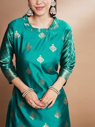 Image of VredeVogel Women's Cotton Silk Jacquard, Banarasi Silk Kurta Pant With Dupatta Set