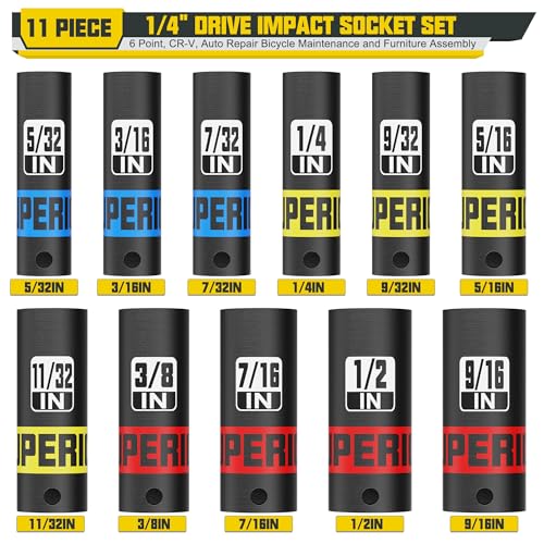 Image of 11 Piece 1 /4 inch Drive Impact Socket Set, 5 /32 inch - 9 /16 inch Deep Socket, SAE, 6 Point, CR-V, Auto Repair Bicycle Maintenance and Furniture Assembly