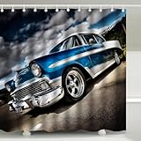 Wknoon 72'x 72' Fabric Shower Curtain with Premium Hooks, Waterproof & Washable for Bathroom, Elegant Blue Classic Car Journeying on a Peaceful Road Design
