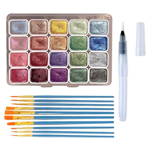 pozuauoa 12Pcs Watercolour Paint Set Pearlescent Watercolour Paints with 11pcs Paintbrushes Portable Water Colour Paints Sets for Beginners and Painting Enthusiasts Solid Glitter Watercolor Paint
