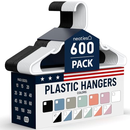 Neaties Plastic Hangers 600 Pack - Made in The USA - 6lb Capacity Standard Clothes Hangers with Notches and Reinforced Edges for Dresses, Lingerie, Shirts, Pants, and Jackets - White & Black