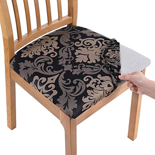 Up To 40% OFF Smiry Printed Dining Chair Seat Covers - Stretchy Removable Washable Upholstered Chair Seat Slipcover Protector (Set of 6, Black Flower)