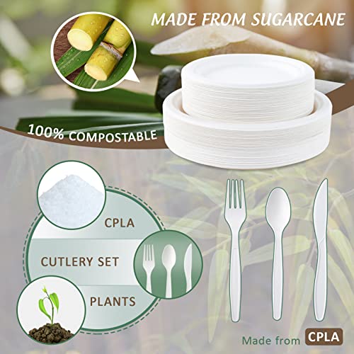 Ecolipak 175 Pack Compostable Paper Plates Set, Heavy Duty Biodegradable Sugarcane Plates Set & Eco-Friendly Cpla Cutlery, Disposable Dinnerware Set For Party Camping Birthday Bbq #TOP1