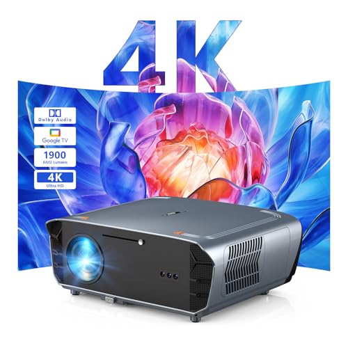 Beamer 4K mit Google TV, 1900 ANSI Heimkino Smart Beamer Tageslicht Tauglich mit ToF CMOS Laser Autofokus, Dolby Audio, HDR, NFC, WiFi, Bluetooth, LED Video Projektor für Deckenmontage Helle Räume