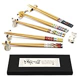 Kawaii 5 Pairs Bamboo Chopsticks & 6 Cute Lucky Cat Holders, Classic Japanese Style, Dishwasher Safe, Gift Set