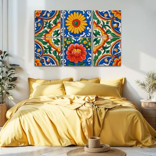 3 Piece Canvas Wall Art Prints Picture Mexican talavera ceramic tile Ethnic folk ornament Italian pottery Framed Wall Painting Modern Artwork Poster Home Decor for Living Room Office Ready to Hang - Image 7