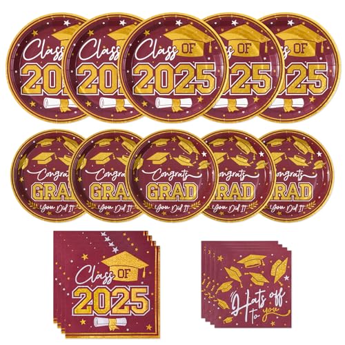 Image of Tyzarglef 2025 Graduation Plates and Napkins,Maroon and Gold Class of 2025 Congrats Tableware,Disposable Luncheon Plates & Cocktail Napkins for Graduation Party Decorations,Serve 30