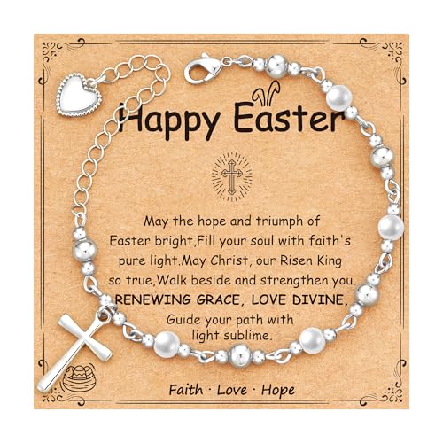 Jesvo Easter Basket Stuffers for Teen Girls, Catholic Cross Bracelet Christian Rosary Bead Jewelry Easter Essentials Gifts Ideas for Teens Teenage Tween Kids Girl Age