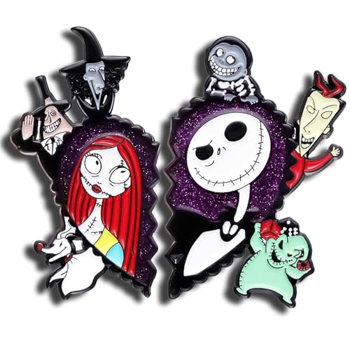 Image of 2 Pcs Halloween Town Enamel Pins Set - Spooky Skeleton & Stitched Doll Lapel Pins, Gothic Cartoon Brooch for Backpacks, Hats, Jackets, Holiday Cosplay Costume Accessories, Gift for Horror Movie Fans