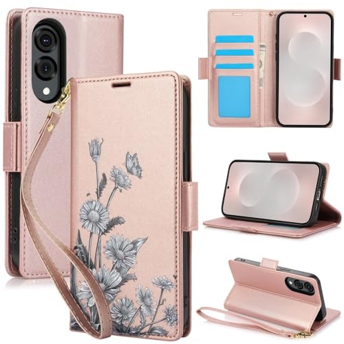 Étui Samsung Galaxy S24 FE 5G rose doré housse portefeuille à rabat motif floral