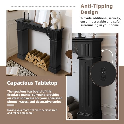Image of Modern Black Freestanding Fireplace Mantel Surround - Waterproof, Anti-Tipping Premium MDF Mantel with Leg for Living Room Decor