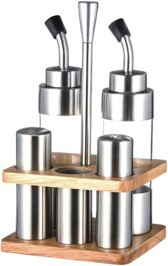 Stainless Steel Cooking Seasoning Oil Vinegar Bottle Dispenser Shaker Sauce Storage Bottles Kitchen Tools with Squre Wood Base