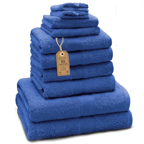 Green Mark Handtuch-Set mit 10 Teilen – 100% Baumwolle – 4 Handtücher 50×100 cm, 2 große Duschtücher 70×140 cm, 2 Gästetücher 30×50 cm und 2 Waschhandschuhe – Royalblau
