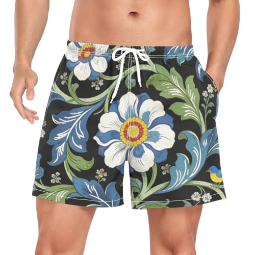 Pantalones cortos de natación de secado rápido para hombre estilo retro flores azules